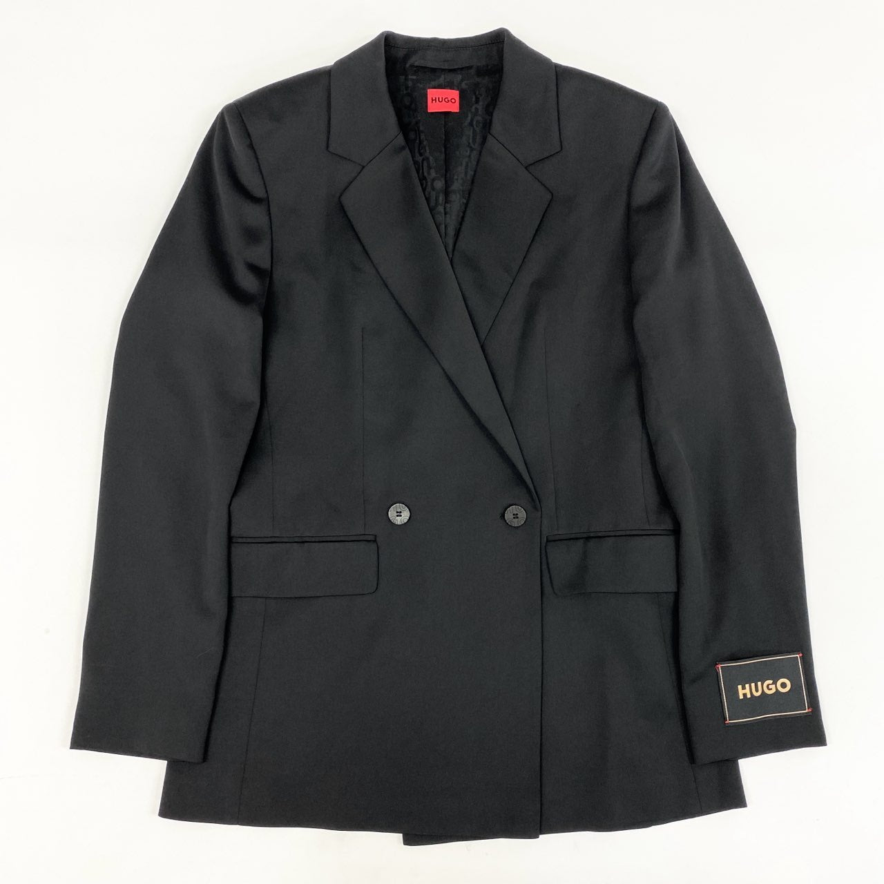 83i3《美品》 HUGO BOSS ヒューゴボス ダブルプレスト テーラードジャケット ブレザー 裏地総柄 ビジネス フォーマル 38 ブラック レディースo07t