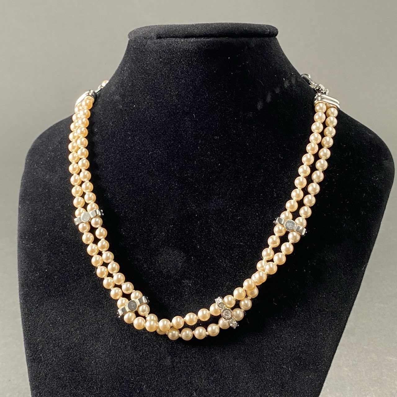 1e2-4 【2点セット】 SWAROVSKI Jewelry スワロフスキー ジュエリー 2連 パール ネックレス イヤリング クリスタル ビジュー ダイヤ 結婚式 セレモニー