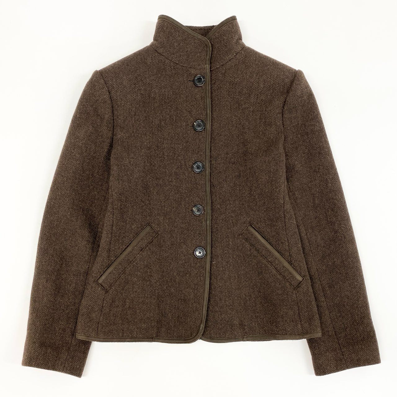 53e7 Brooks Brothers ブルックスブラザーズ レザーパイピング スタンドカラー ソフトツイードジャケット サイズ0 ブラウン 画像参照