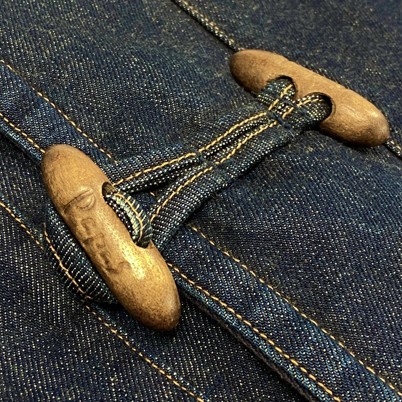 17e7 Papas パパス デニム ダッフルコート ロゴ刺繍 トグルボタン アウター フーディ カバーオール 50 Lサイズ インディゴ コットン