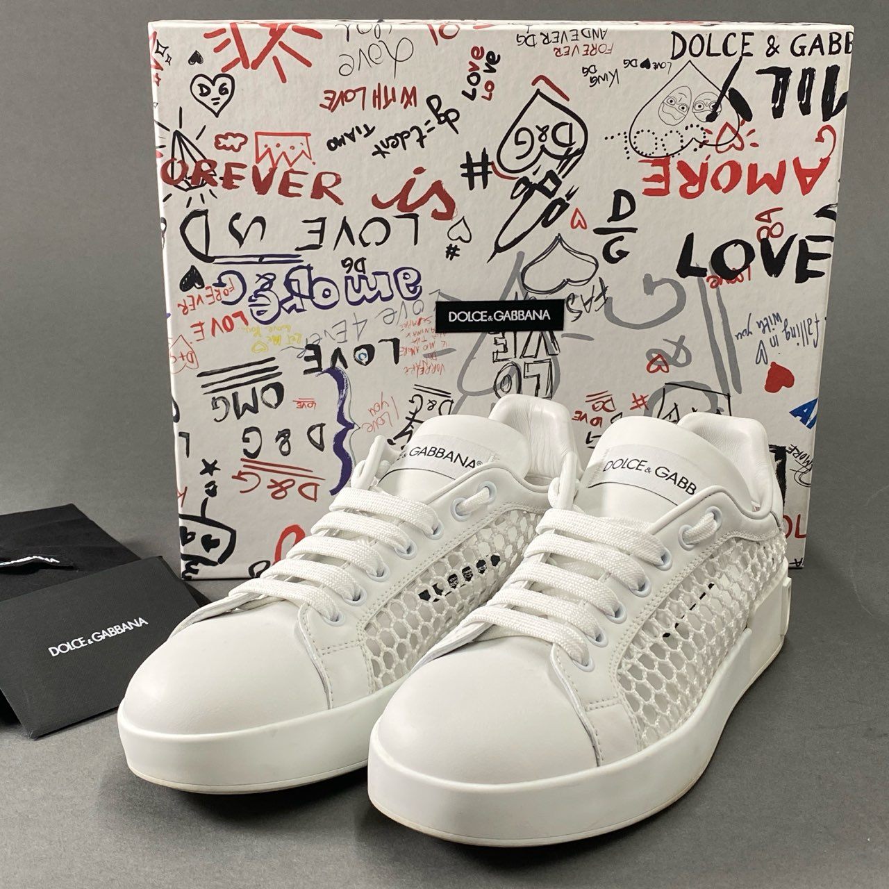 6i27 DOLCE&GABBANA ドルチェアンドガッバーナ イタリア製 メッシュパネル ローカットスニーカー シューズ 38 ホワイト レザー