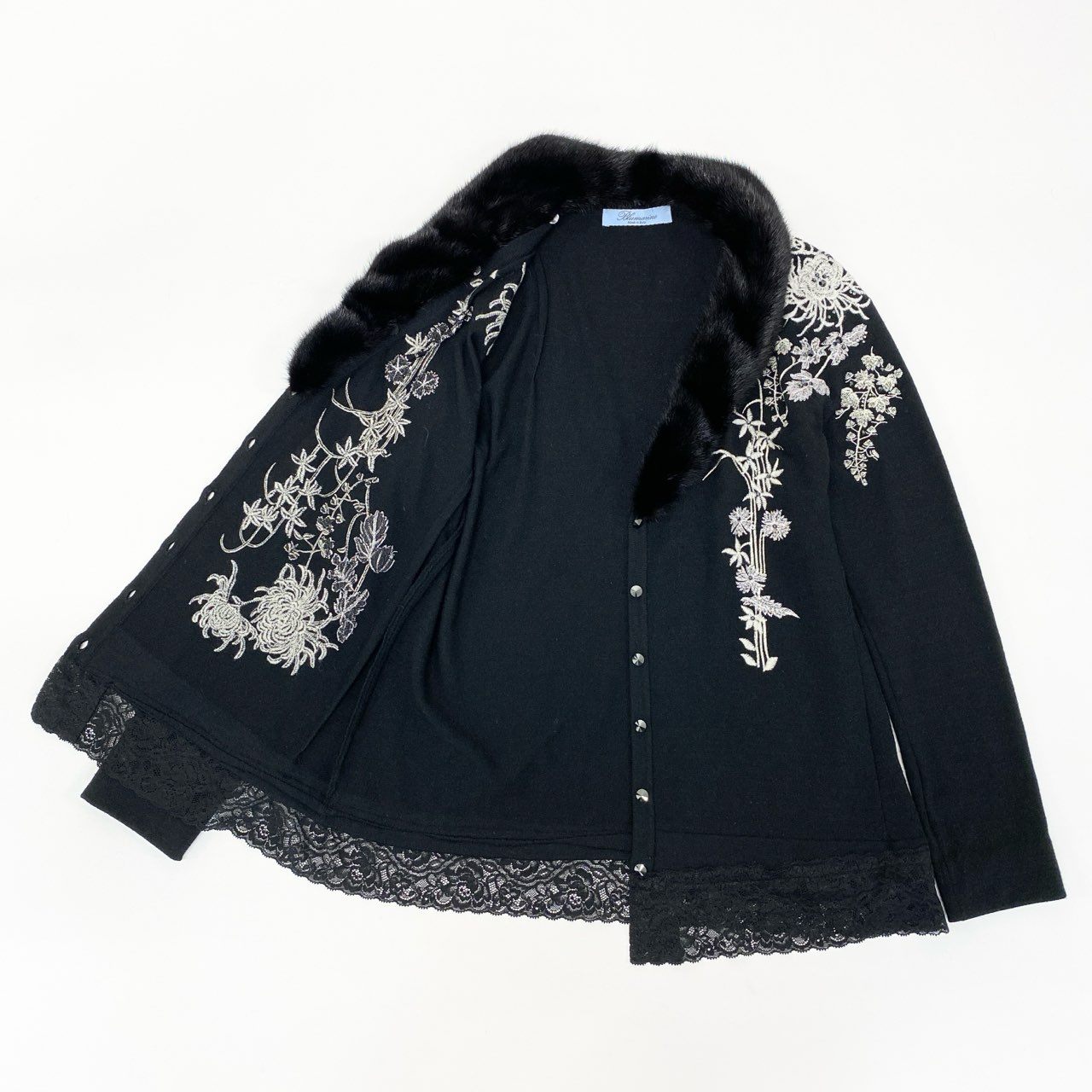 65j9 Blumarine ブルマリン ニットカーディガン ニットセーター 刺繍 ラインストーン レース ファー着脱可 ブラック レディースo07t