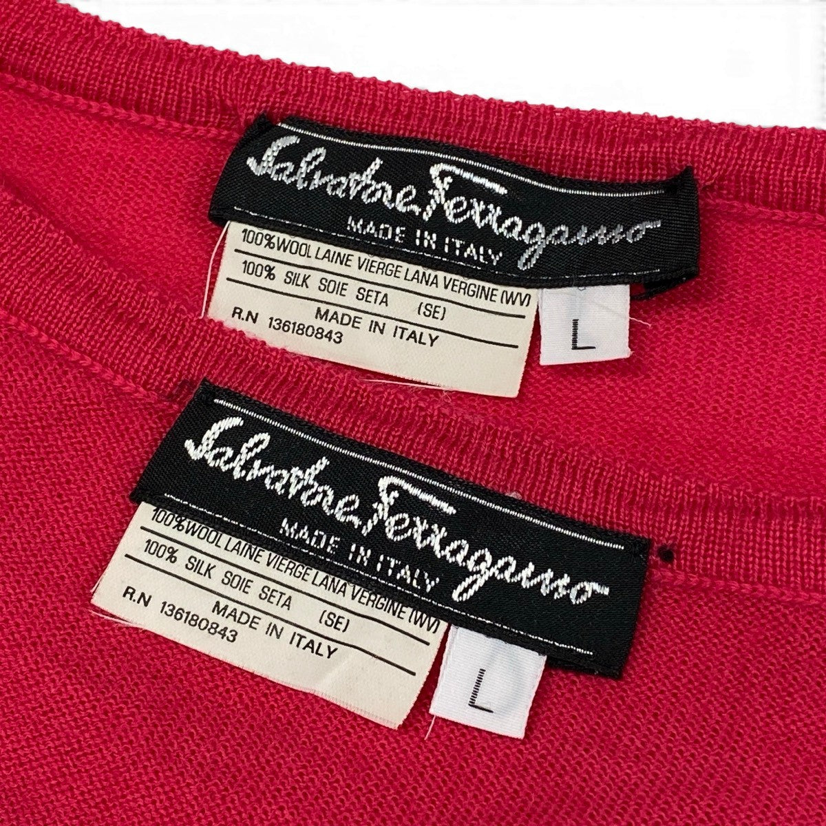 4g2 Salvatore Ferragamo サルヴァトーレフェラガモ アンサンブルニット ツインニット 半袖ニット 長袖カーディガン サイズL ピンク ウール シルク レディースu02t