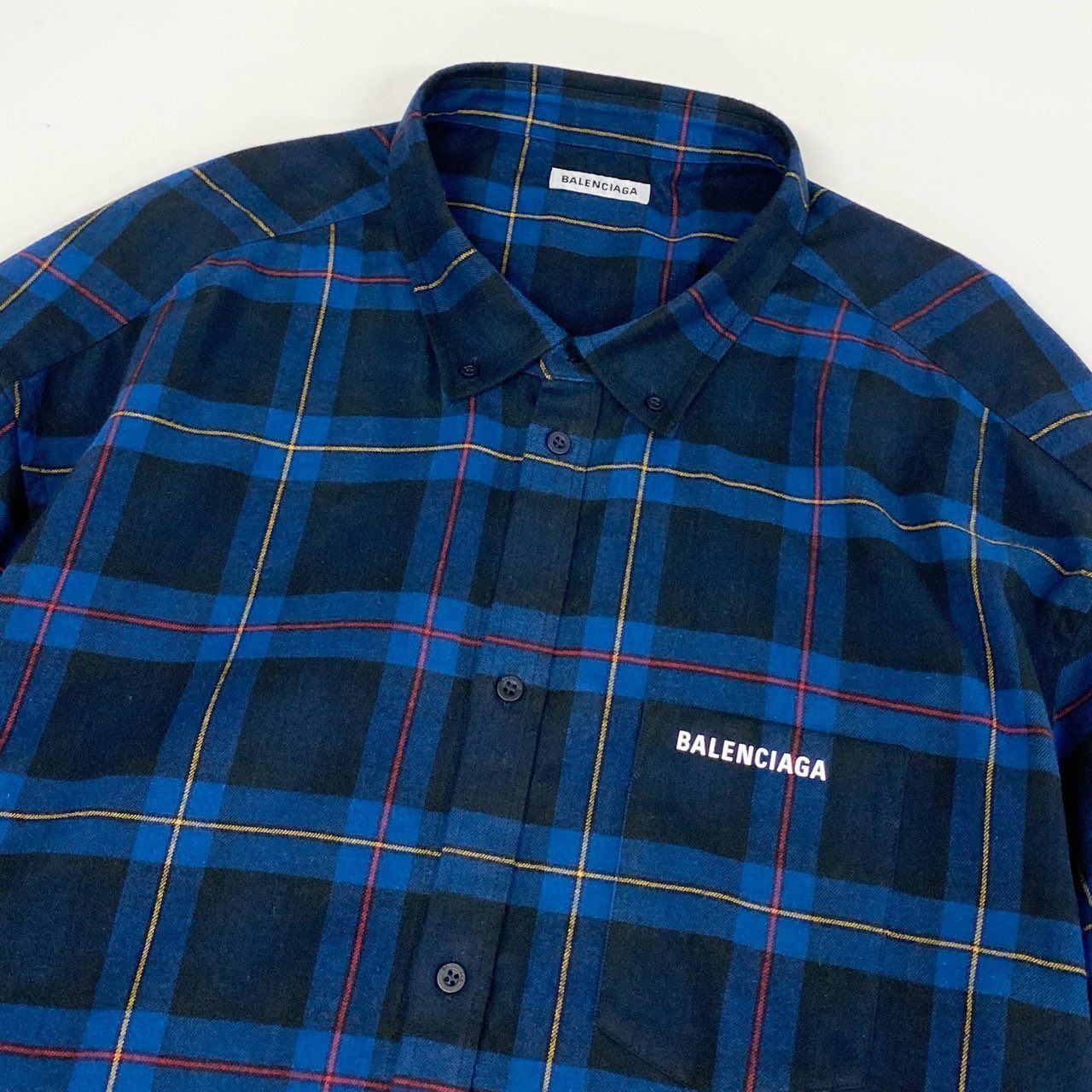 48h15 BALENCIAGA バレンシアガ ブロックチェック オーバーサイズ フランネルシャツ 長袖シャツ ロゴプリント ロングスリーブ 630963 36 ネイビー メンズo07t