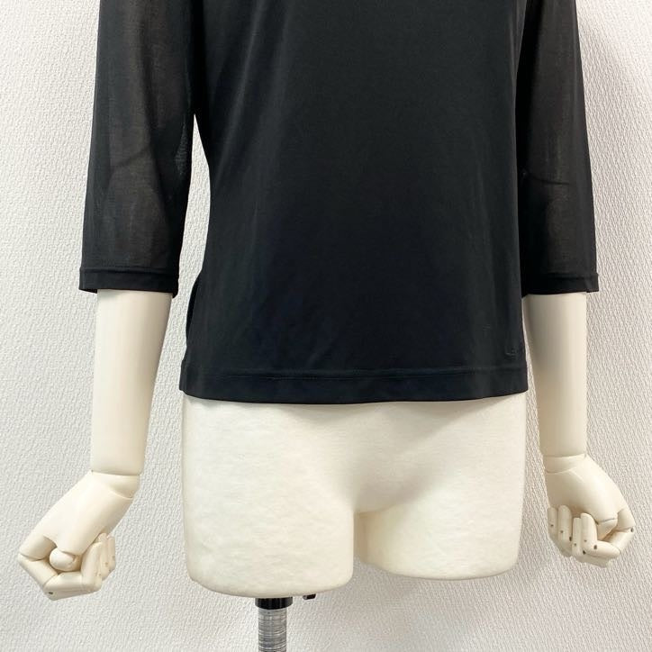 80g23 【美品】 LEONARD レオナール 七分袖カットソー トップス カンカン素材 ロゴ刺繍 薄手 春夏 レディース 女性用 0199570 M ブラック