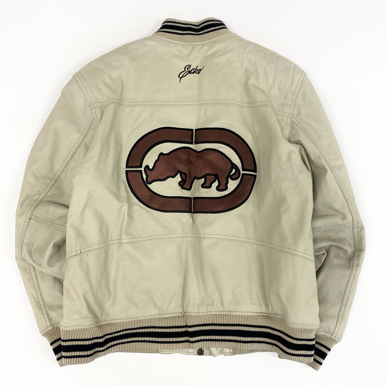 49f2 THE ECKO UNLTD エコー 90s レザージャケット ブルゾン 裏地総柄 世界地図 大きいサイズ 古着 VINTAGE ヴィンテージ XLサイズ ライトベージュ 牛革