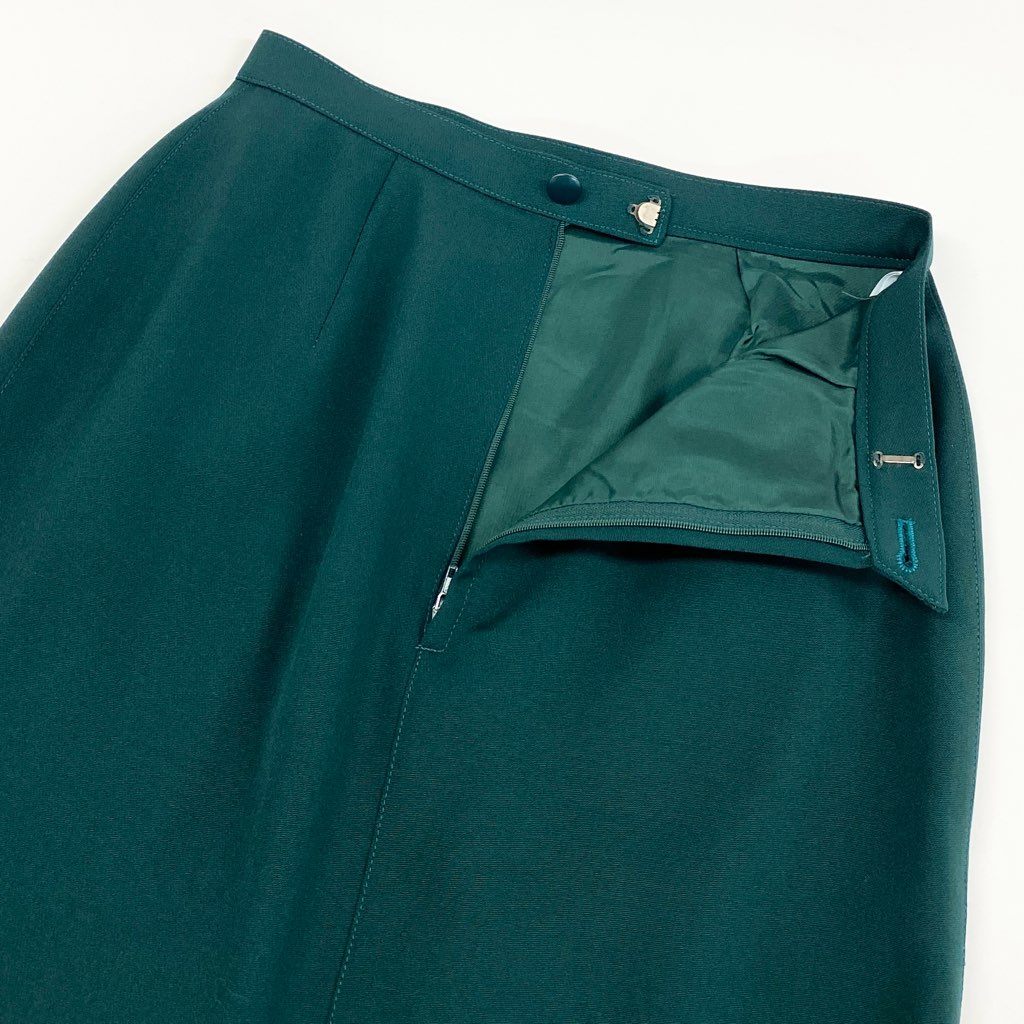 63d8-10 Thierry mugler ティエリー ミューグレー ジャケット/スカート スーツ セットアップ 変形デザイン ベロアリボン 裾フレア サイズ7AT-60-88 グリーン ブラック ウール100% レディース