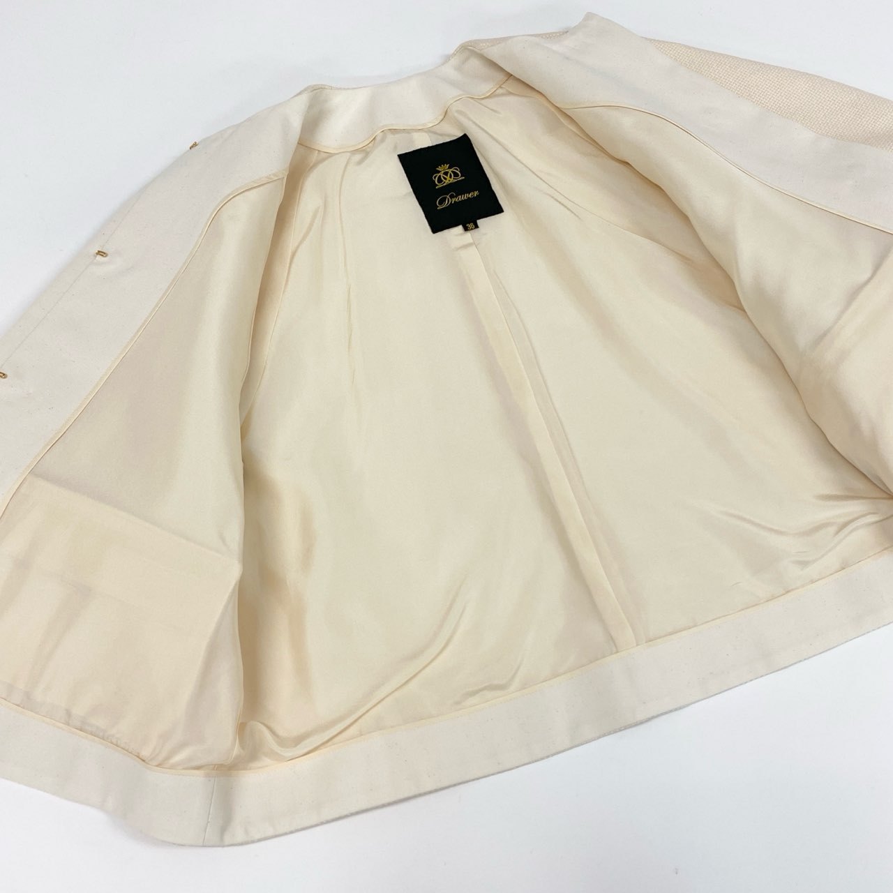 19k29 《美品》 Drawer ドゥロワー ラウンドスリーブ ノーカラージャケット リネンジャケット バスケット織 七分袖 6522-299-0639 36 ピンクベージュ系