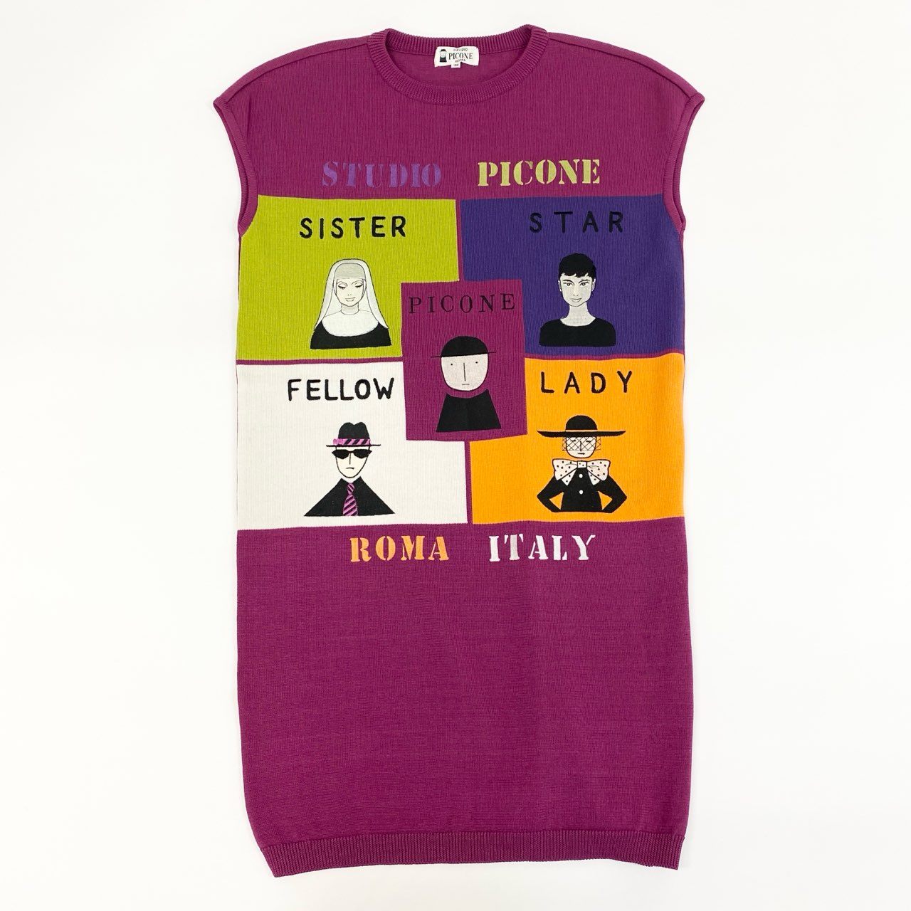 17f30 STUDIO PICONE ROMA ピッコーネ ニットワンピース 半袖ワンピース キャラクター刺繍 サイズ38 パープル レディース 日本製