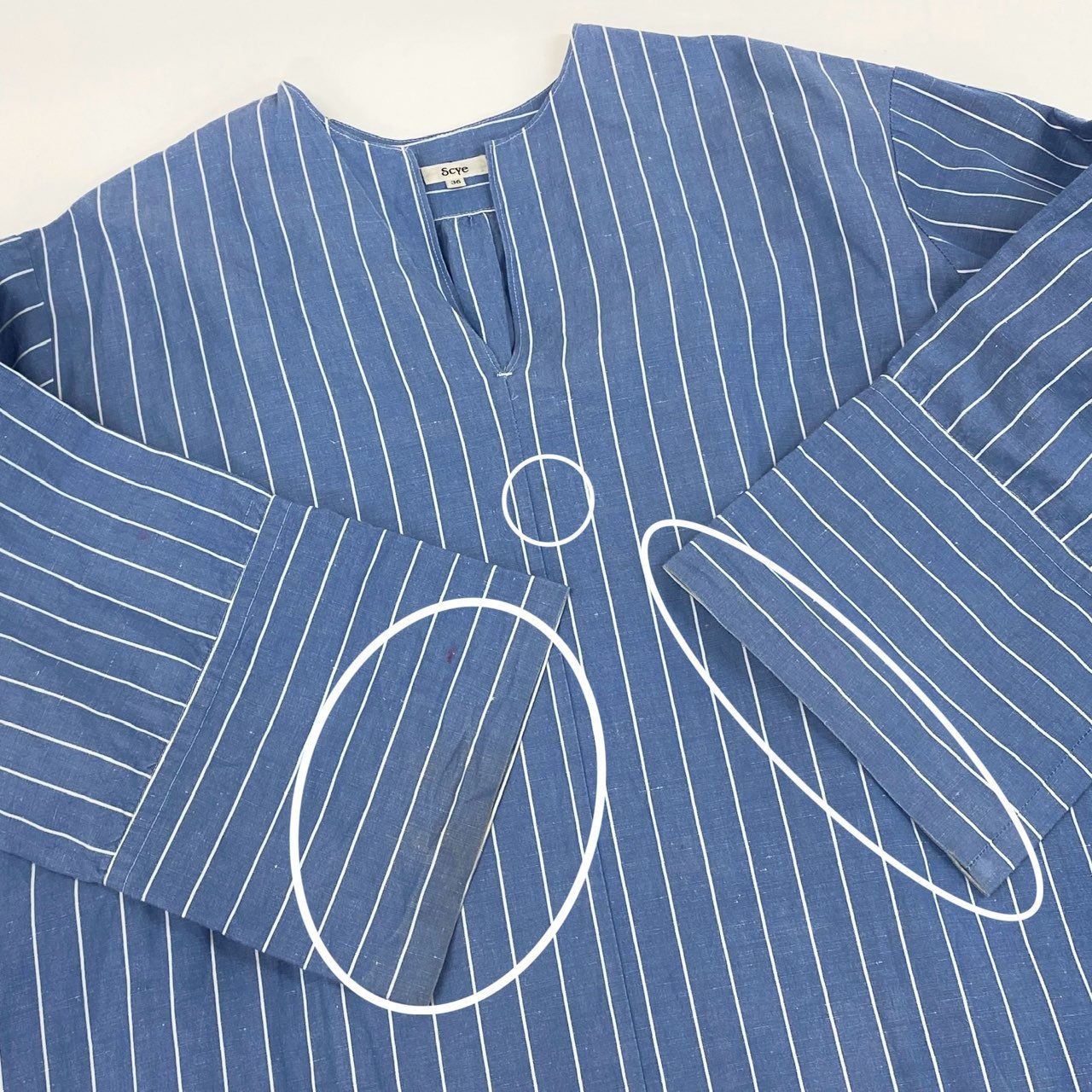 68g24 Scye サイ 完売品 COTTON LINEN DR 半袖ワンピース ロングワンピース ストライプ 1221-01050 サイズ36 ブルー ホワイト コットン リネン レディース 日本製_
