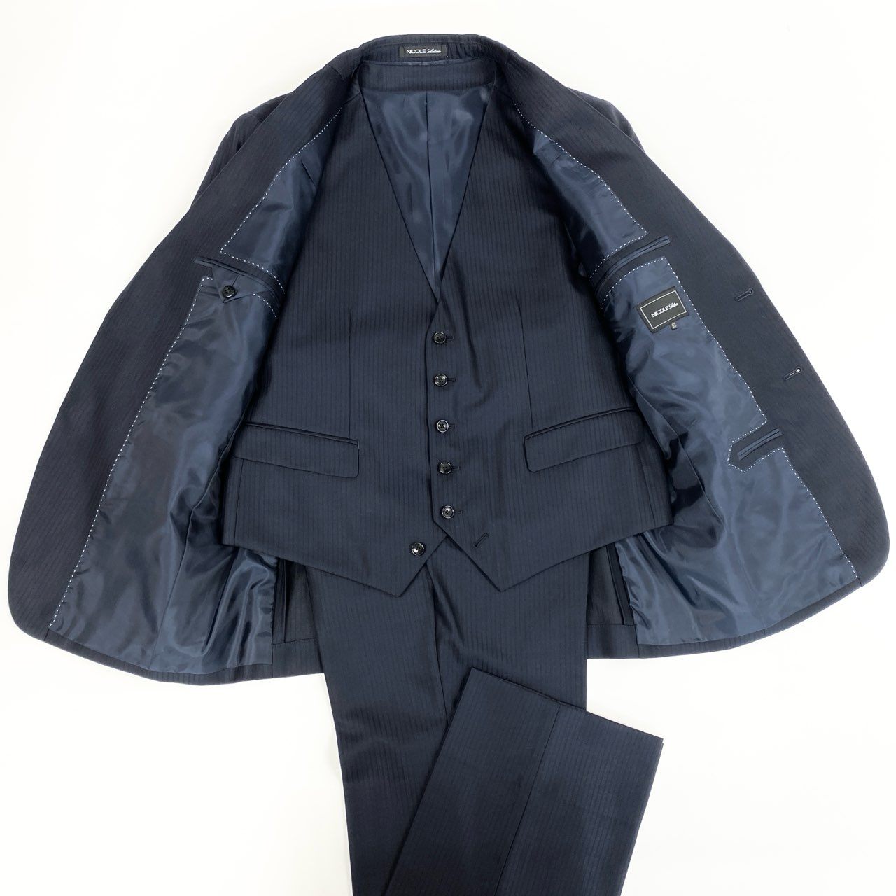 59j6 《極美品》 NICOLE Selection ニコルセレクション 大きいサイズ 3ピース スリーピース シングルスーツ 2釦 ストライプ柄 ビジネス フォーマル 52 ネイビーu02t