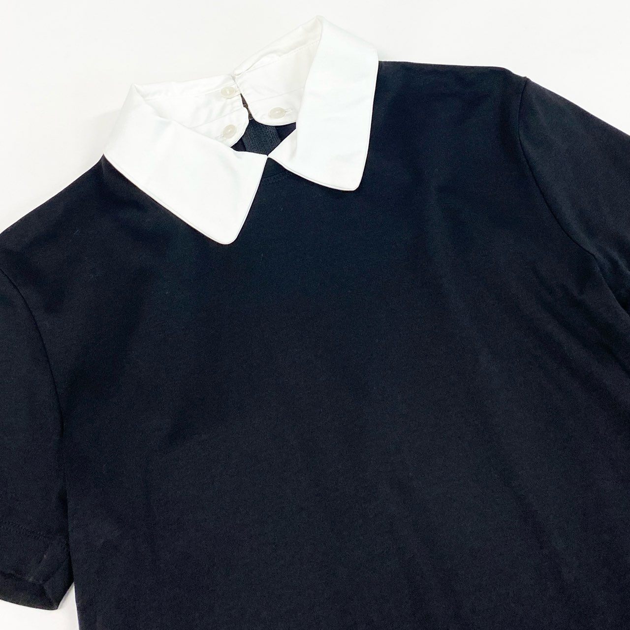 64d30 FOXEY NEW YORK フォクシーニューヨーク 半袖カットソー Tシャツ トップス 白襟 サイズ38 ブラック 襟取外し可能 レディース