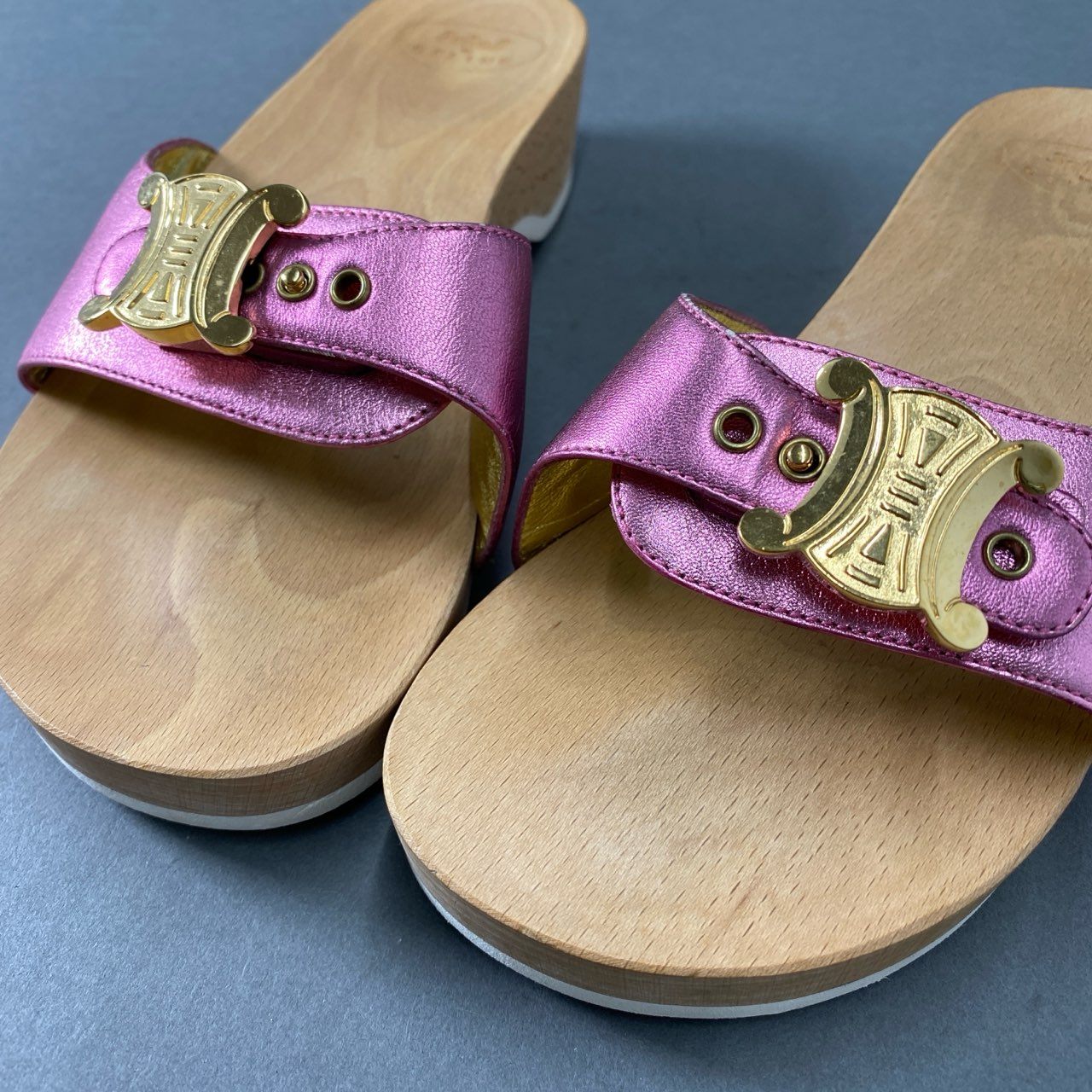3f17 CELINE セリーヌ × Dr Scholl ドクターショール コラボ マカダム ゴールドバックル ウッドソールサンダル 37 ピンク レザー シューズ