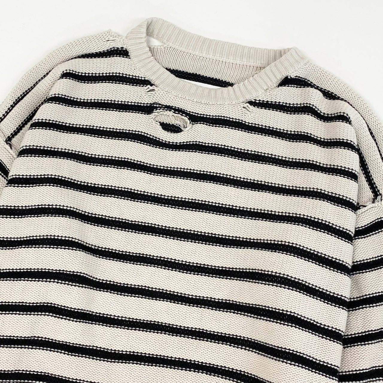 19g28《美品》 MM6 エムエムシックス メゾンマルジェラ Border sweater ダメージ加工 コットンニットセーター イタリア製 S52GP0141 XS ベージュ ブラック コットン レディース