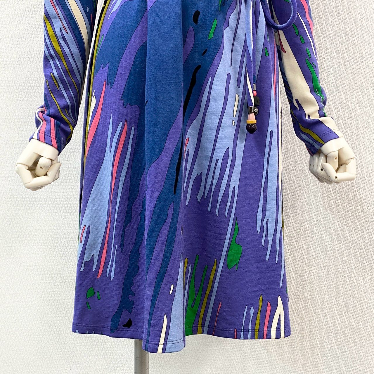69g8 EMILIO PUCCI エミリオプッチ プッチ柄 ボトルネック 長袖ワンピース ドレス ロングスリーブ ウエストマーク イタリア製 38 ブルー レディース