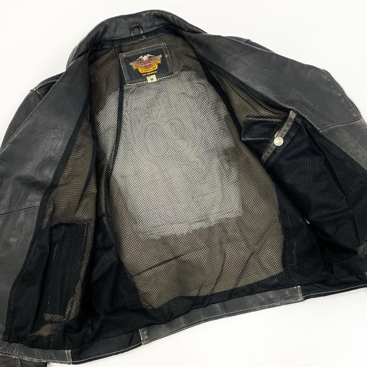 67g24 HARLEY DAVIDSON ハーレーダビッドソン 90周年記念 ダブルライダースjケット レザー ロゴ刺繍 M ブラック 牛革 メンズ_