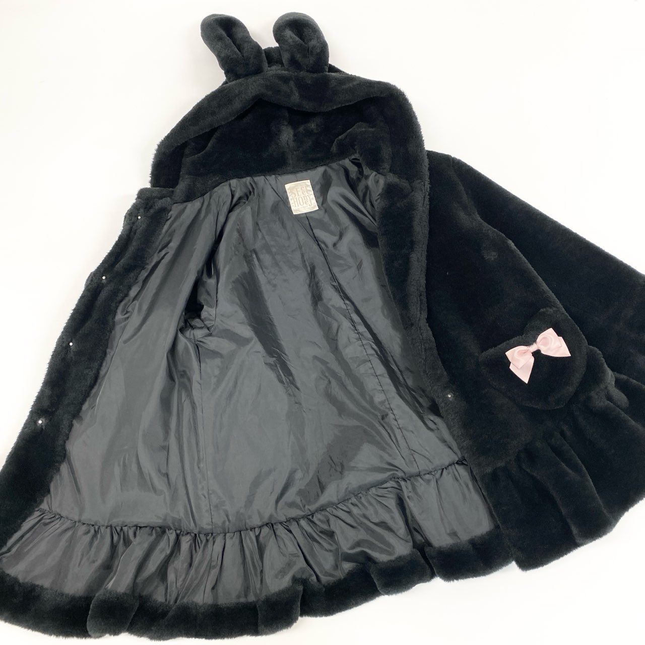 18f20 SECRET HONEY シークレットハニー うさ耳 リボンファーコート 2 ブラック バニー ボア うさぎ ゴシック