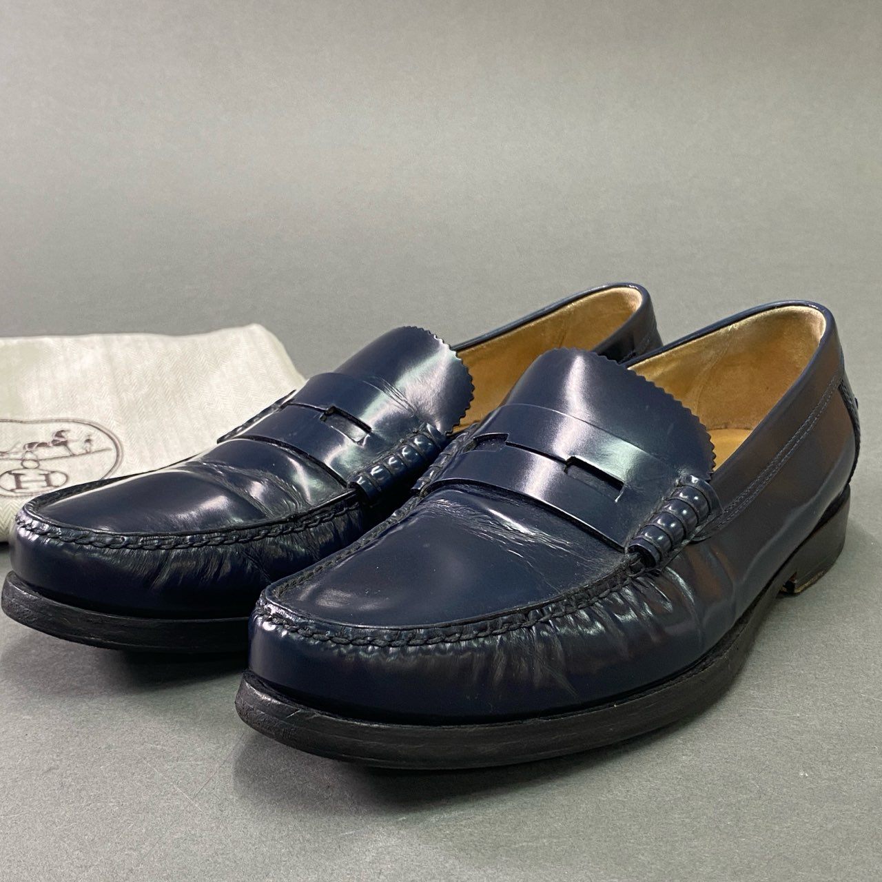 3b14 HERMES エルメス レザーローファー 40 1/2 ネイビー Leather 革靴 ビジネス フォーマル イタリア製