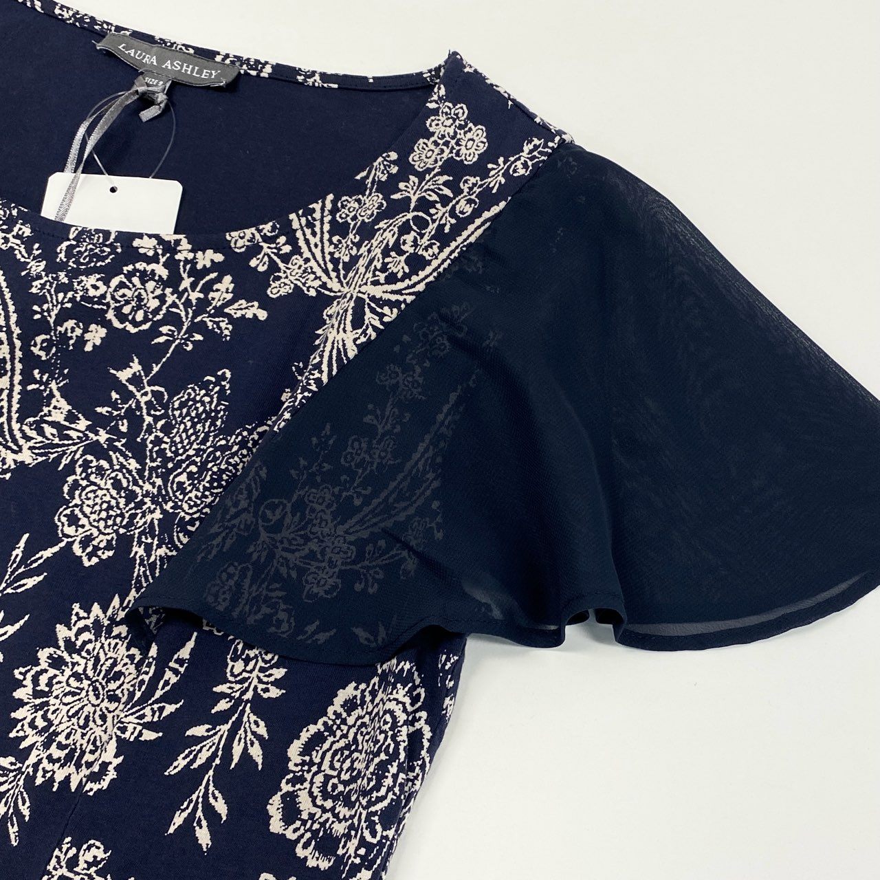 61g23 LAURA ASHLEY ローラアシュレイ タグ付 フレンチスリーブ ワンピース ドレス 総柄プリント 9号 ネイビー コットン レディース
