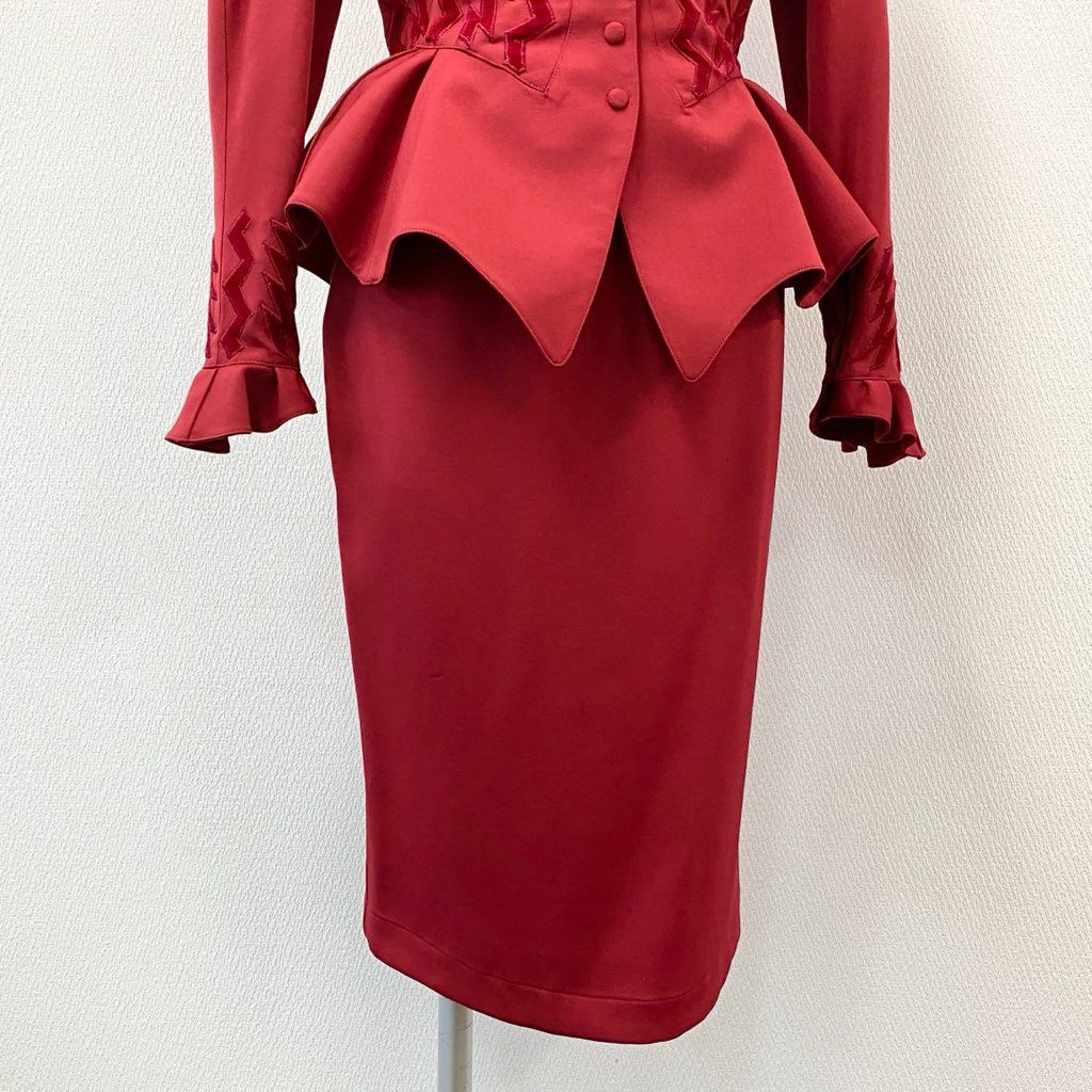 63d8-3 Thierry mugler ティエリー ミューグレー ジャケット/スカート スーツ セットアップ レースアップ フレア ボウタイ 変形デザイン サイズ9AR/63-90 レッド ウール100% レディース 日本製