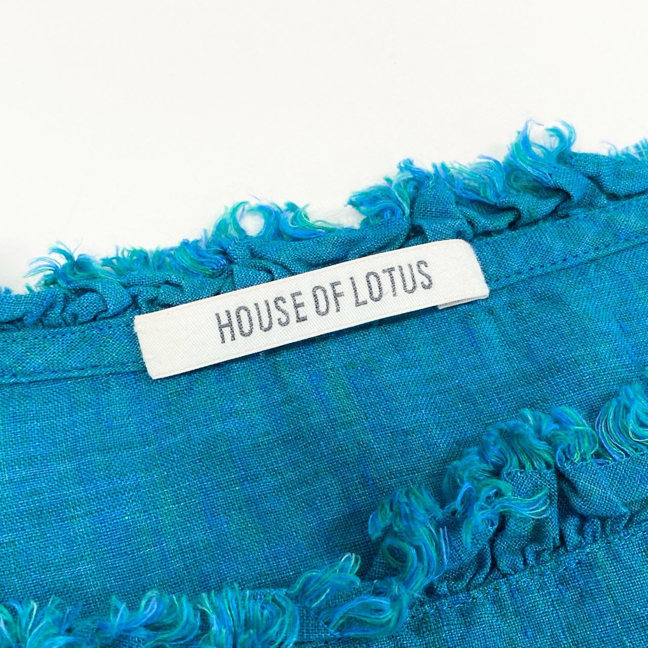 48h14《美品》 HOUSE OF LOTUS ハウスオブロータス カットオフリネンワンピース ロングワンピース フレンチスリーブ サイズM ブルー 麻 リネン100 レディースu02t