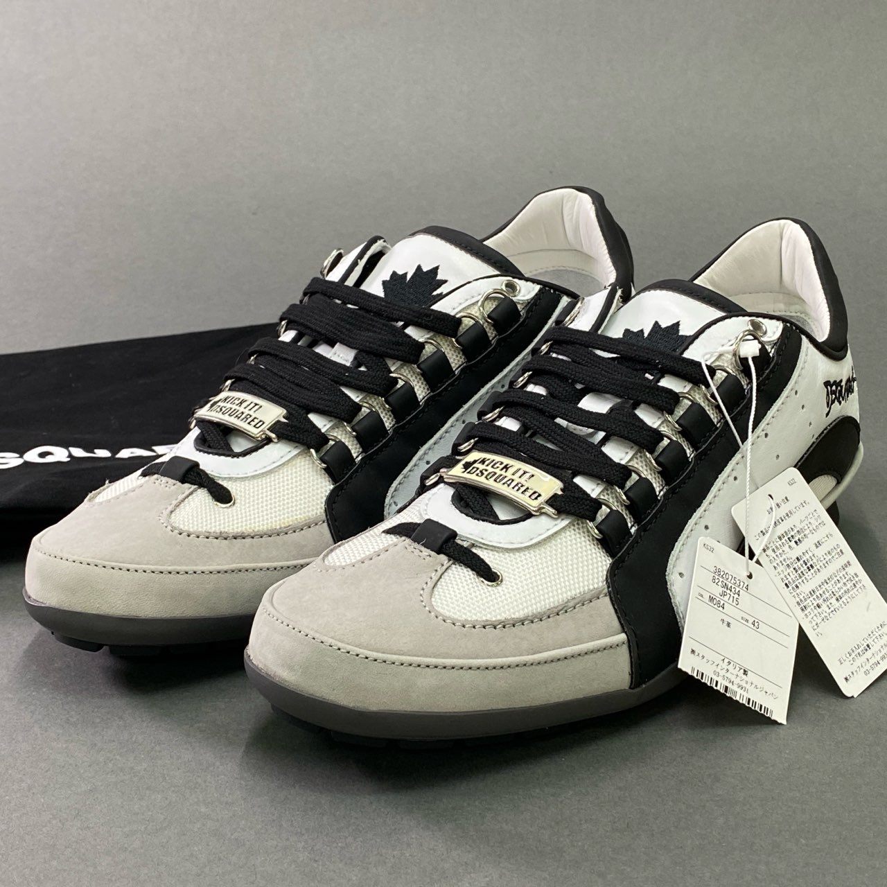 6b28 DSQUARED2 ディースクエアード 《タグ付き》 ローカットスニーカー レザースニーカー 牛革 カウレザー イタリア製 メンズ 保存袋付属 43 ホワイト ブラック グレー 本革