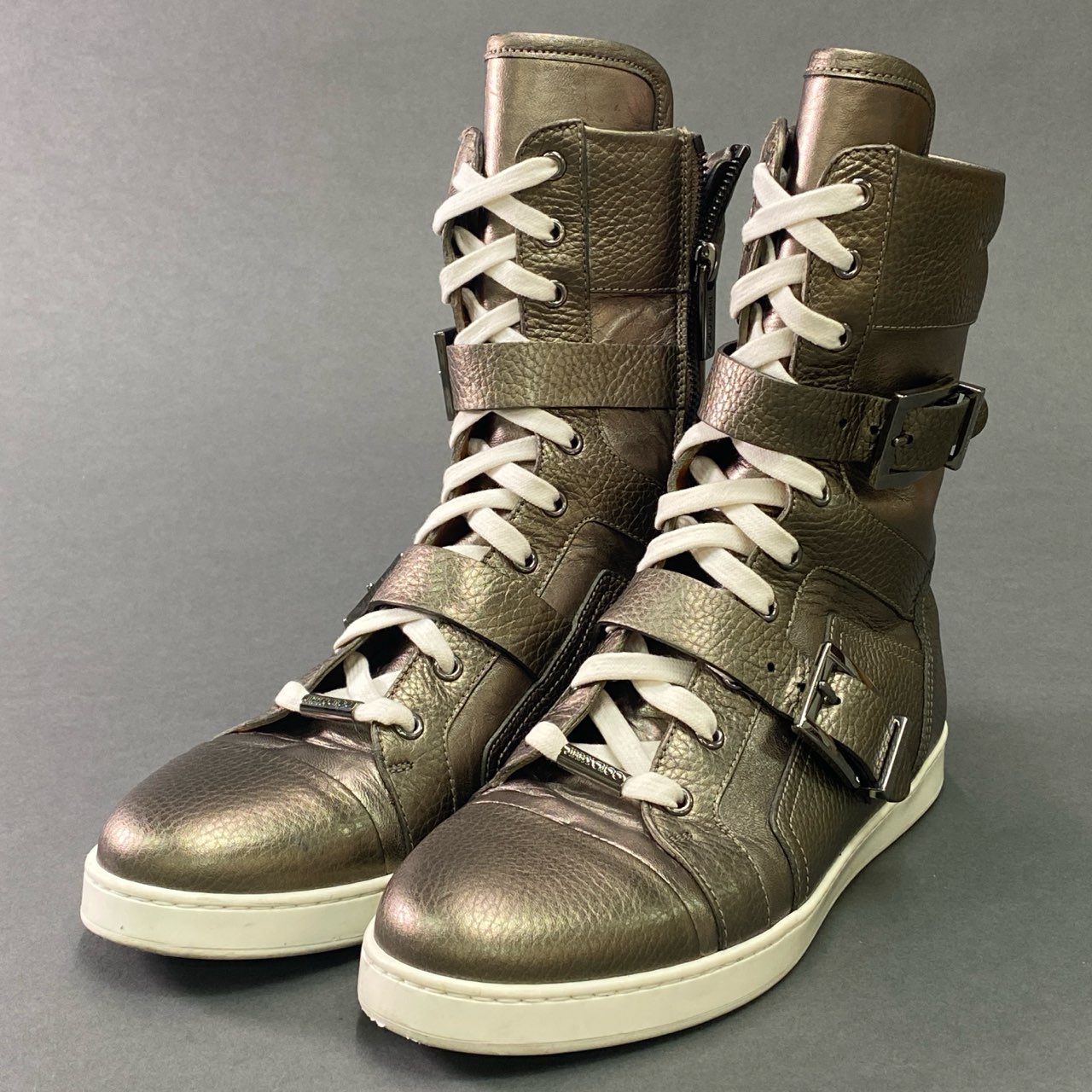 7c11 JIMMY CHOO ジミーチュウ ハイカット ベルトスニーカー 37 1/2 ゴールド レザー サイドジップ メタリック イタリア製 シューズ