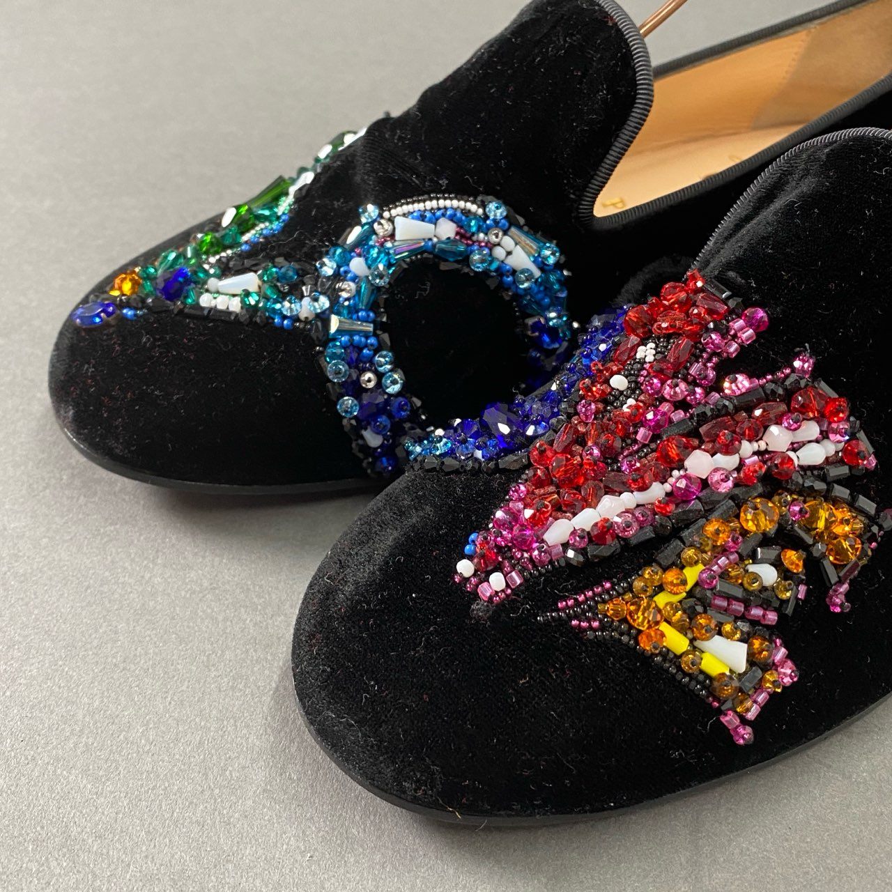 3i27 Christian Louboutin クリスチャンルブタン LOVE ビーズ ベルベット スリッポン シューズ パンプス フラット イタリア製 36 ブラック マルチカラー ベロア