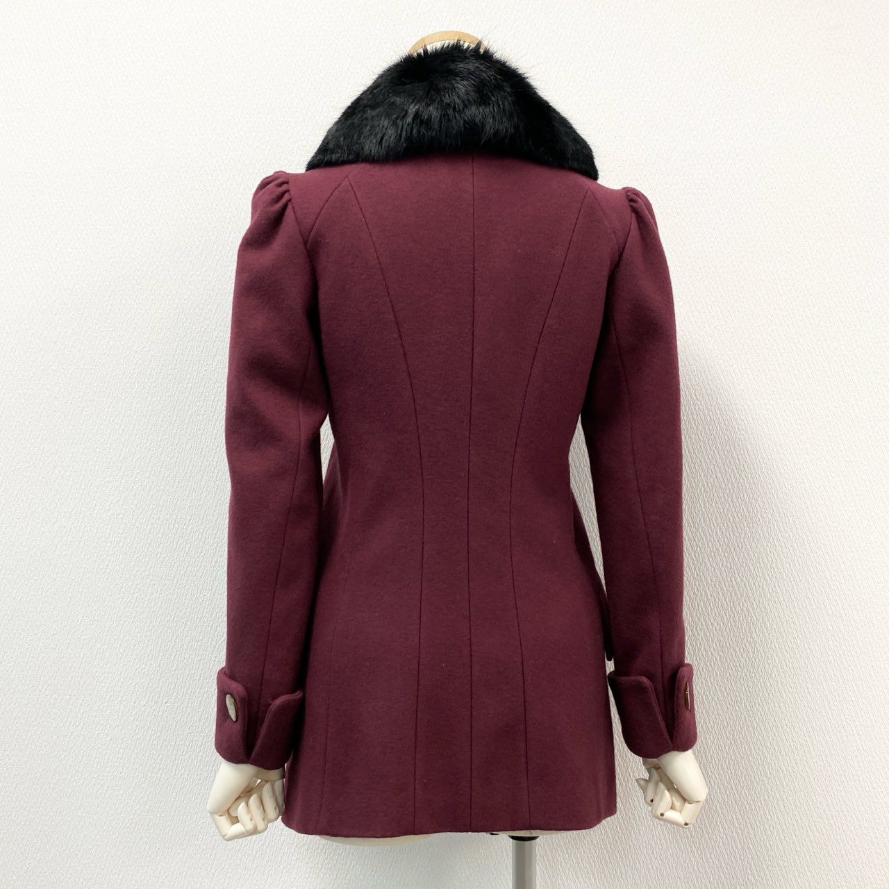 74i8 Vivienne Westwood RED LABEL ヴィヴィアンウエストウッド レッドレーベル オリゾンティ期 オーブボタン ラビットファー襟 ショートコート ジャケット 日本製 2 ボルドー ウール ナイロン レディースk02i