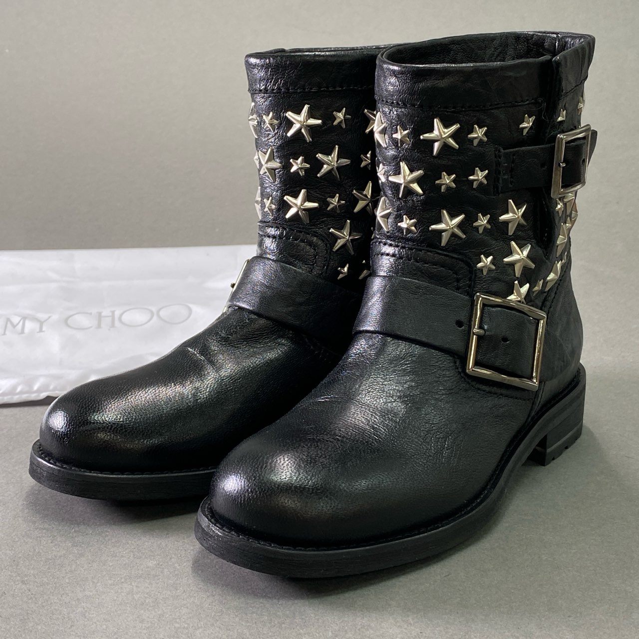 3d16 《美品》 JIMMY CHOO ジミーチュウ スタースタッズ バイカーブーツ 35 1/2 ブラック レザー シューズ イタリア製