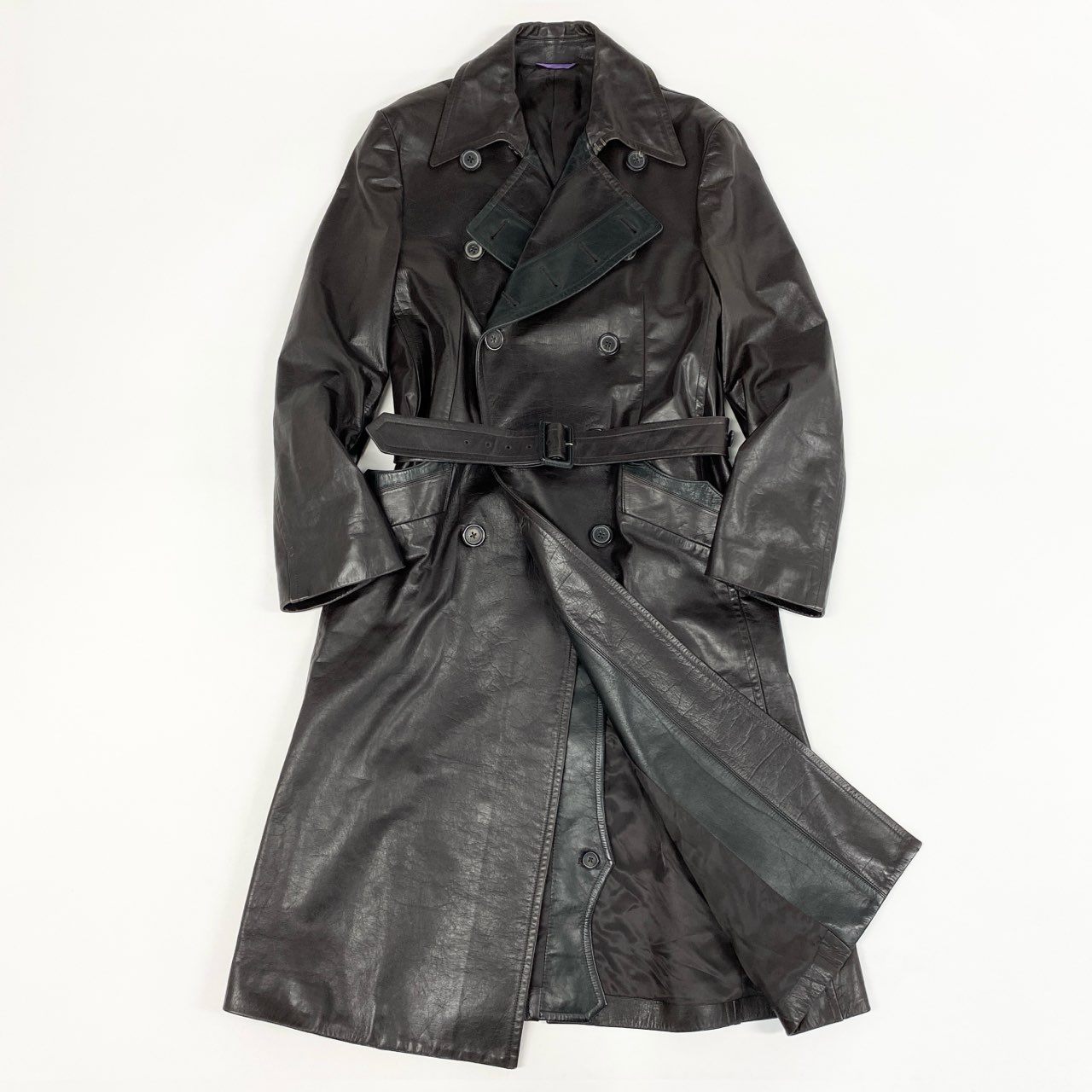 77d30 Paul Smith COLLECTION ポールスミスコレクション カウレザー ベルテッドロングトレンチコート アウター バイカラー Lサイズ ブラウン ブラック 牛革