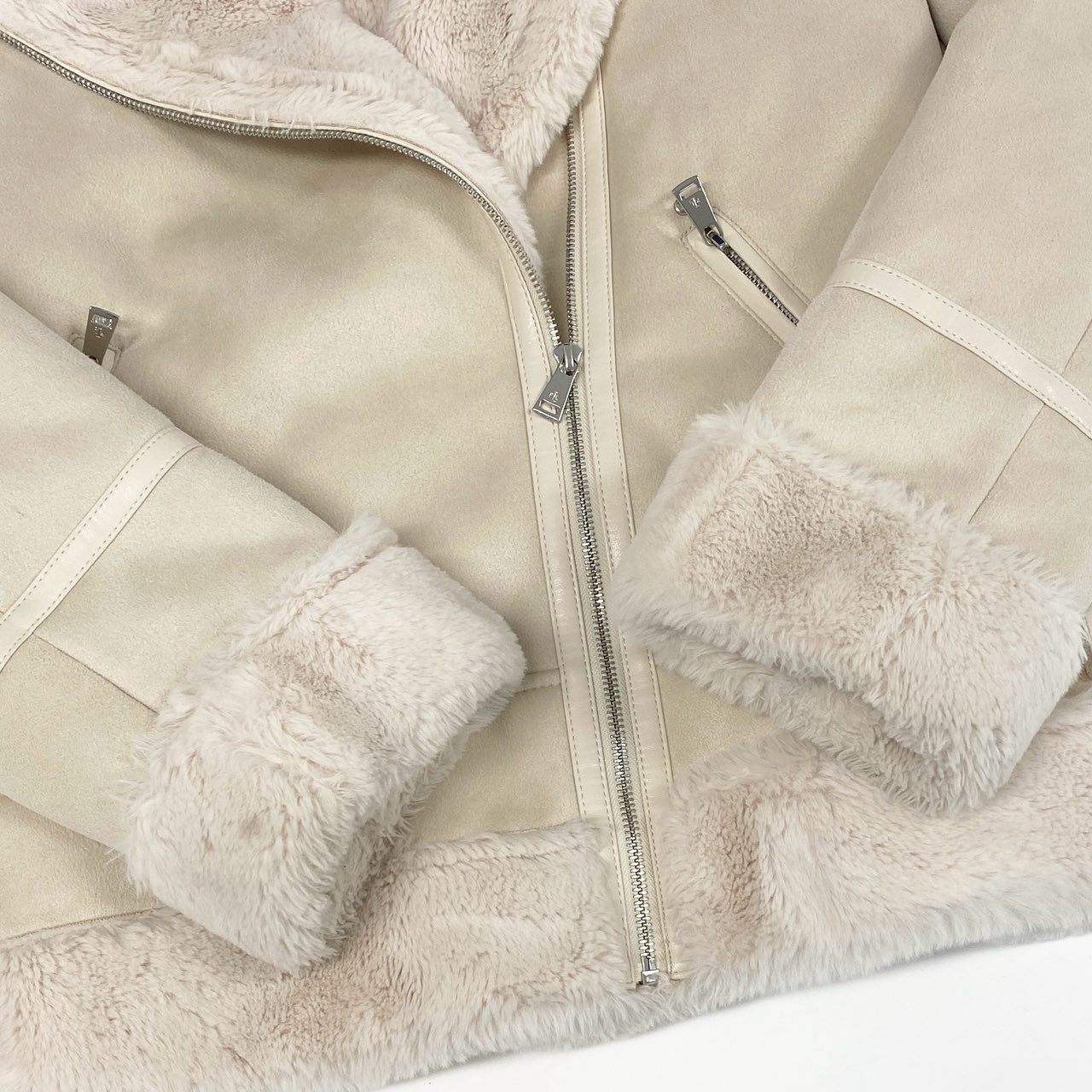 12f11 《美品》 LAUREN RALPH LAUREN ローレンラルフローレン フェイクムートン ライダースジャケット アウター フェイファー ボア Lサイズ ベージュ系 レディース