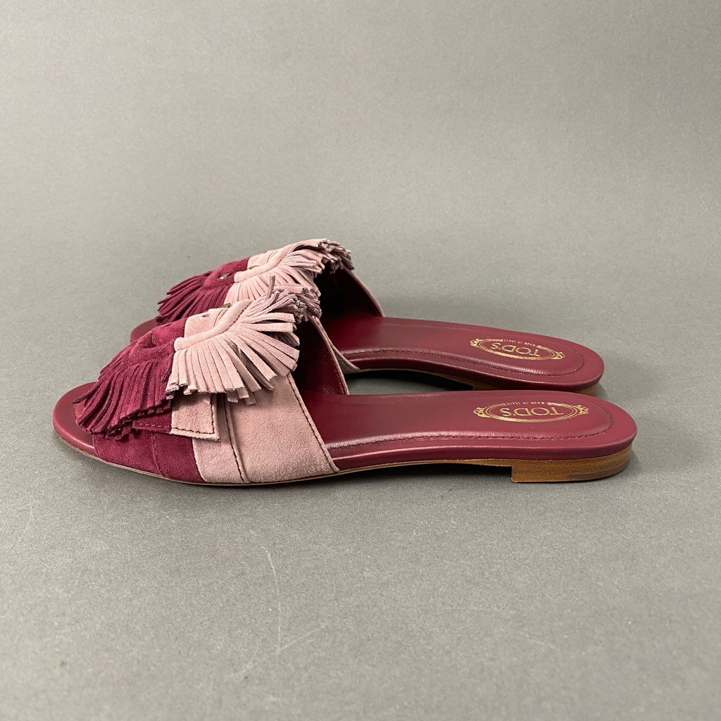 3i10 《美品》 TOD'S トッズ イタリア製 フリンジ スライド サンダル フラット シューズ 39 1/2 パープル系 スエード レザー