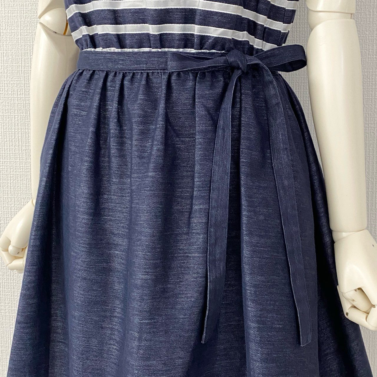 54d14 【美品】 Rene ルネ ノースリーブワンピース デニムワンピース オーガンジー ボーダー ウエストベルト付き 6626330 サイズ34 インディゴブルー×ホワイト レディース 日本製 夏