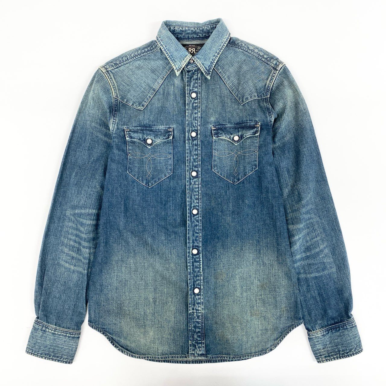 55h28 《美品》RALPH LAUREN RRL ラルフローレン ダブルアールエル 長袖シャツ デニムシャツ ウエスタンシャツ ロングスリーブ Sサイズ インディゴ メンズ 男性用k02i