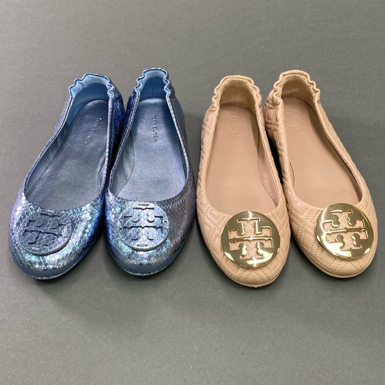 5c21 【 2足セット 】 TORY BURCH トリーバーチ シグネチャー フラットシューズ 6M ピンク ブルー レザー ゴールドプレート パイソン パンプス まとめ