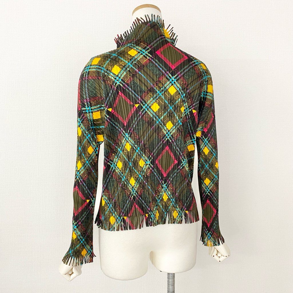 33d7 《美品》 PLEATS PLEASE ISSEY MIYAKE プリーツプリーズ イッセイミヤケ 日本製 PP73-JK662 総柄 ハイネック 長袖プリーツカットソー フリンジ ロングスリーブ トップス 3 マルチカラー秋
