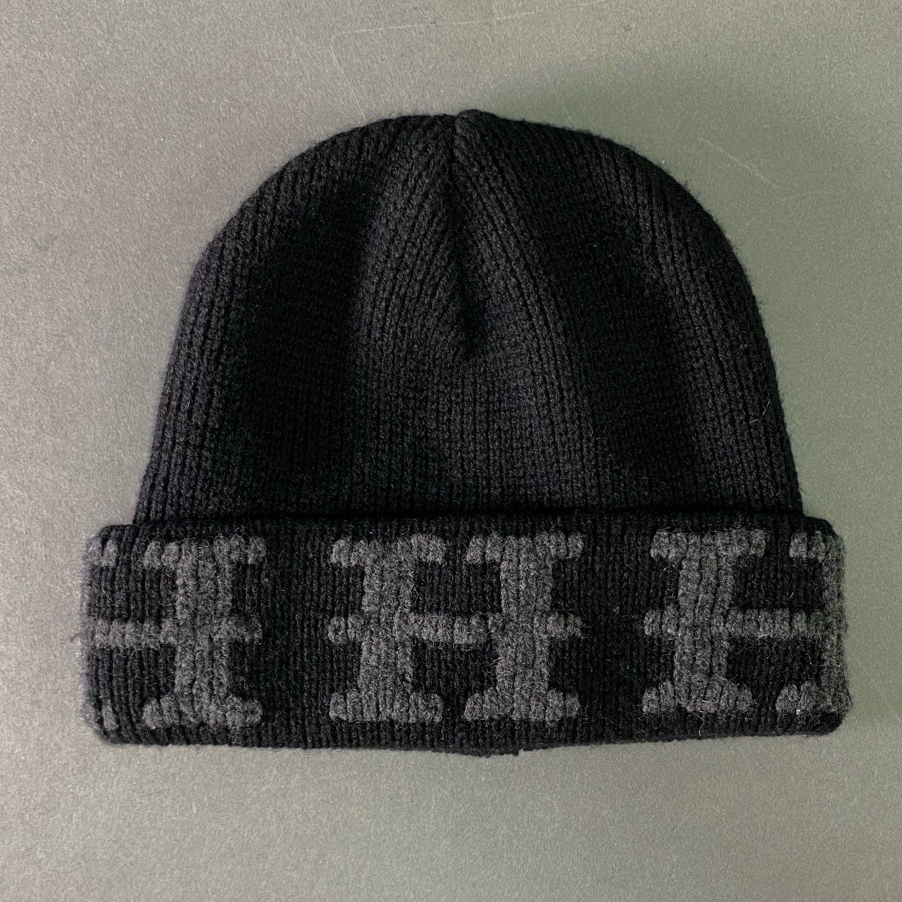 l23 HERMES エルメス イタリア製 カシミヤ100% Hロゴ ニット帽 ブラック グレー cashmere ビーニー