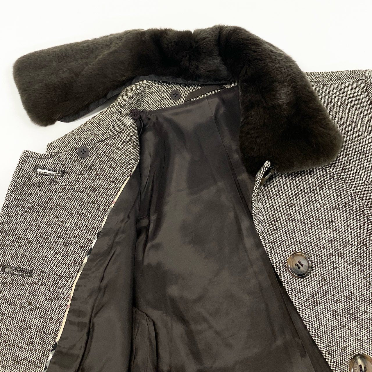 17e7 BURBERRY LONDON バーバリーロンドン ネップツイード リアルファー襟 ジャケット パンツ セットアップ サイズ38/パンツ36 ブラウン レディース 女性用