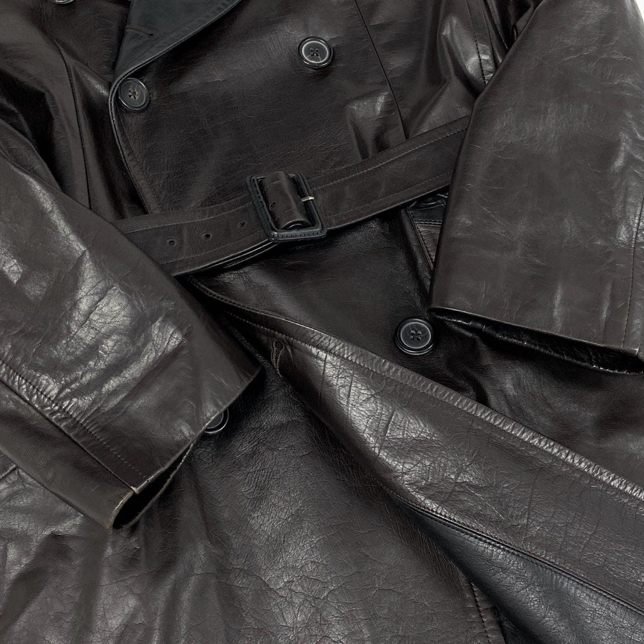 77d30 Paul Smith COLLECTION ポールスミスコレクション カウレザー ベルテッドロングトレンチコート アウター バイカラー Lサイズ ブラウン ブラック 牛革