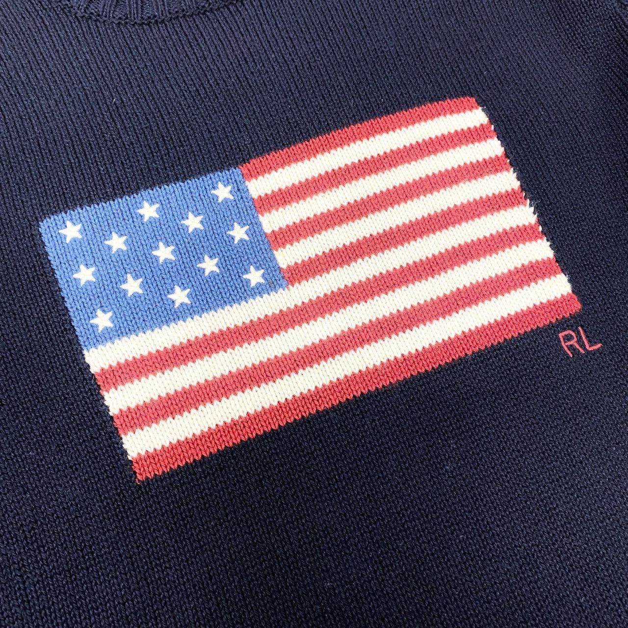 54h27 USA製 POLO RALPH LAUREN ポロラルフローレン 星条旗ニット セーター クルーネック サイズL ネイビー メンズ 紳士服u02t