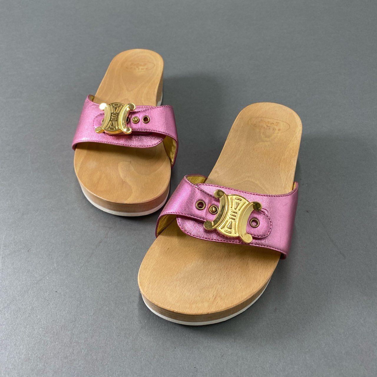 3f17 CELINE セリーヌ × Dr Scholl ドクターショール コラボ マカダム ゴールドバックル ウッドソールサンダル 37 ピンク レザー シューズ