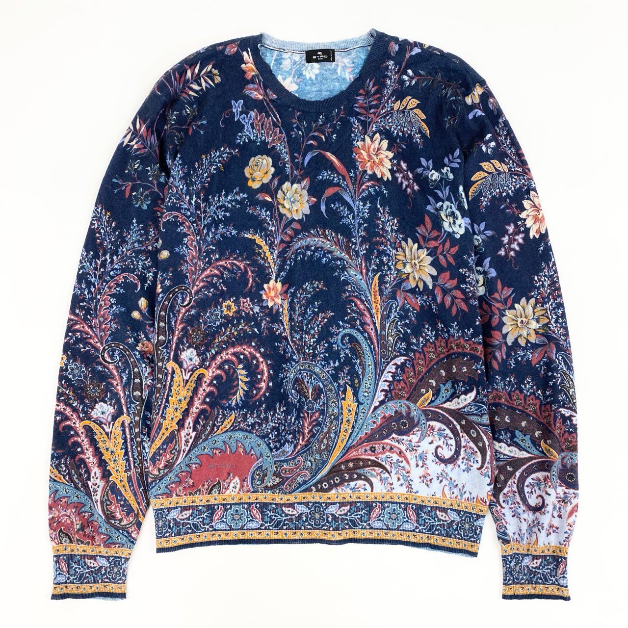 82d4 ETRO エトロ カシミヤ フラワーニットトップ L ネイビー 薄手 セーター イタリア製