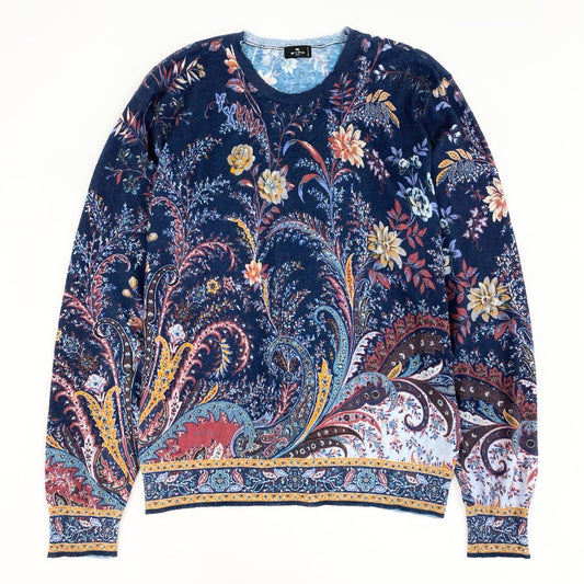 82d4 ETRO エトロ カシミヤ フラワーニットトップ L ネイビー 薄手 セーター イタリア製