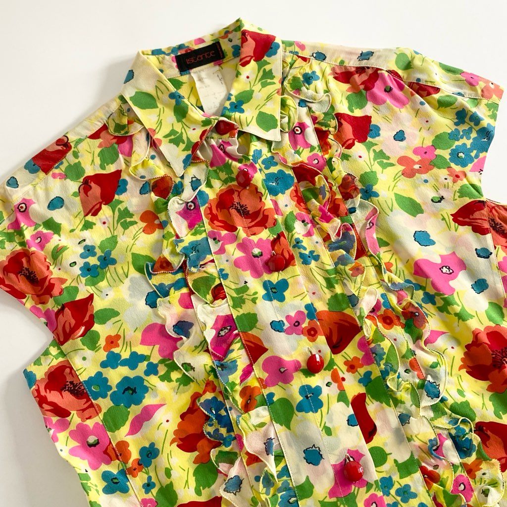 32d5 istante イスタンテ VERSACE ヴェルサーチ フラワープリント シルクフリルシャツ イエロー SILK100% イタリア製 ノースリーブ レトロ ビンテージ