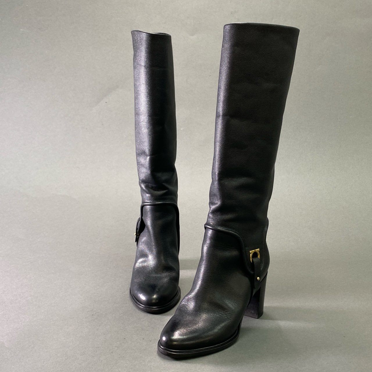 3f23 《美品》 Salvatore Ferragamo サルヴァトーレフェラガモ ガンチーニ ロングブーツ 6 ブラック レザー 本革 シューズ 女性靴