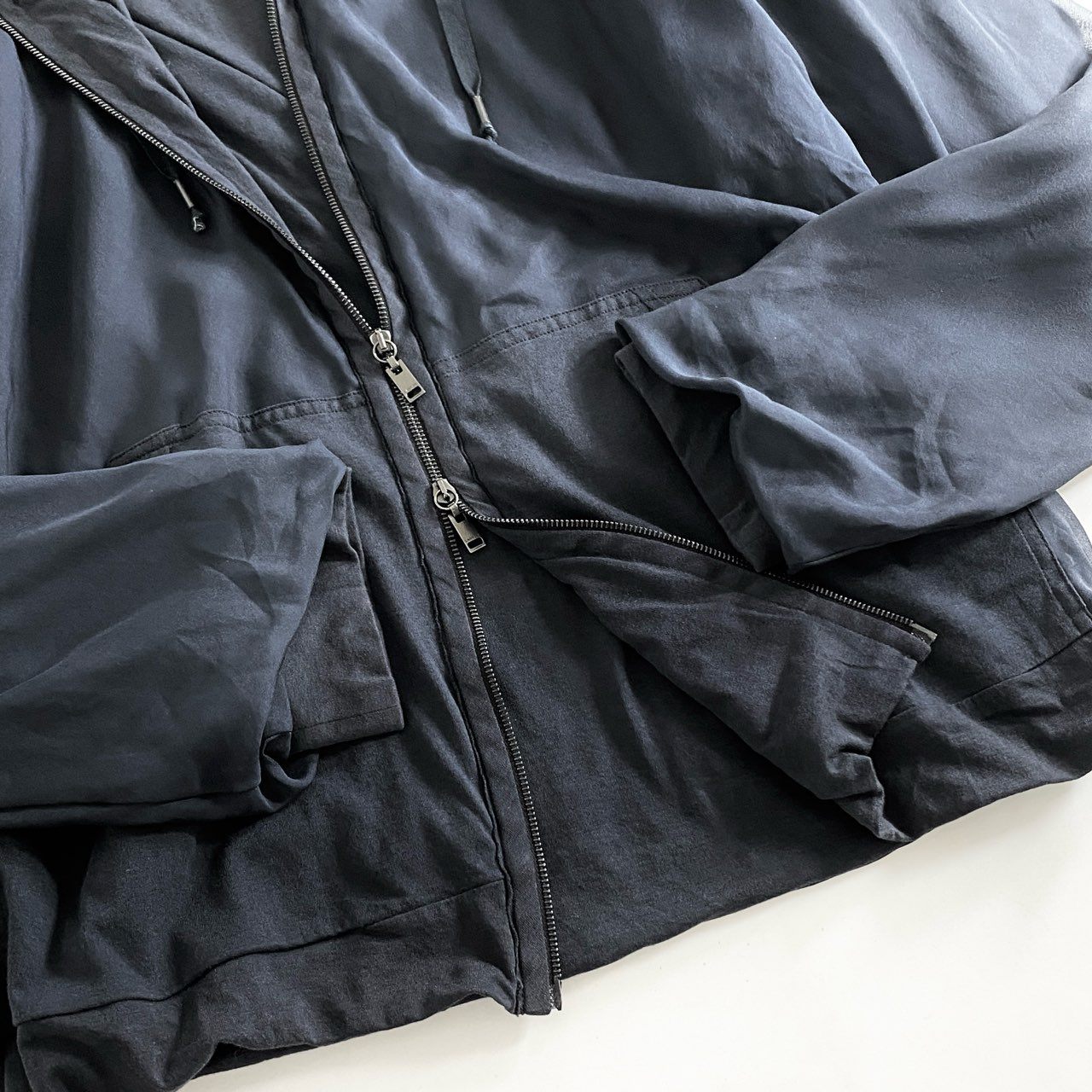 25h9 LANVIN ランバン シルク100% ジップアップパーカー XL ネイビー トップス 羽織 薄手