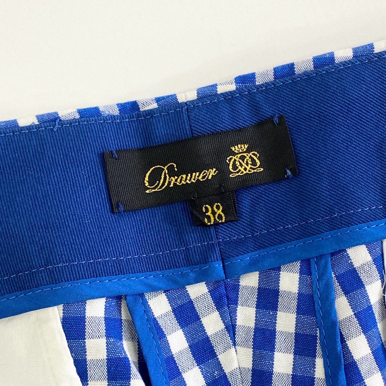 52k9 《美品》定価¥50,600 Drawer ドゥロワー ギンガムチェックステッチパンツ 38 ブルー リネン混 日本製 UNITED ARROWS