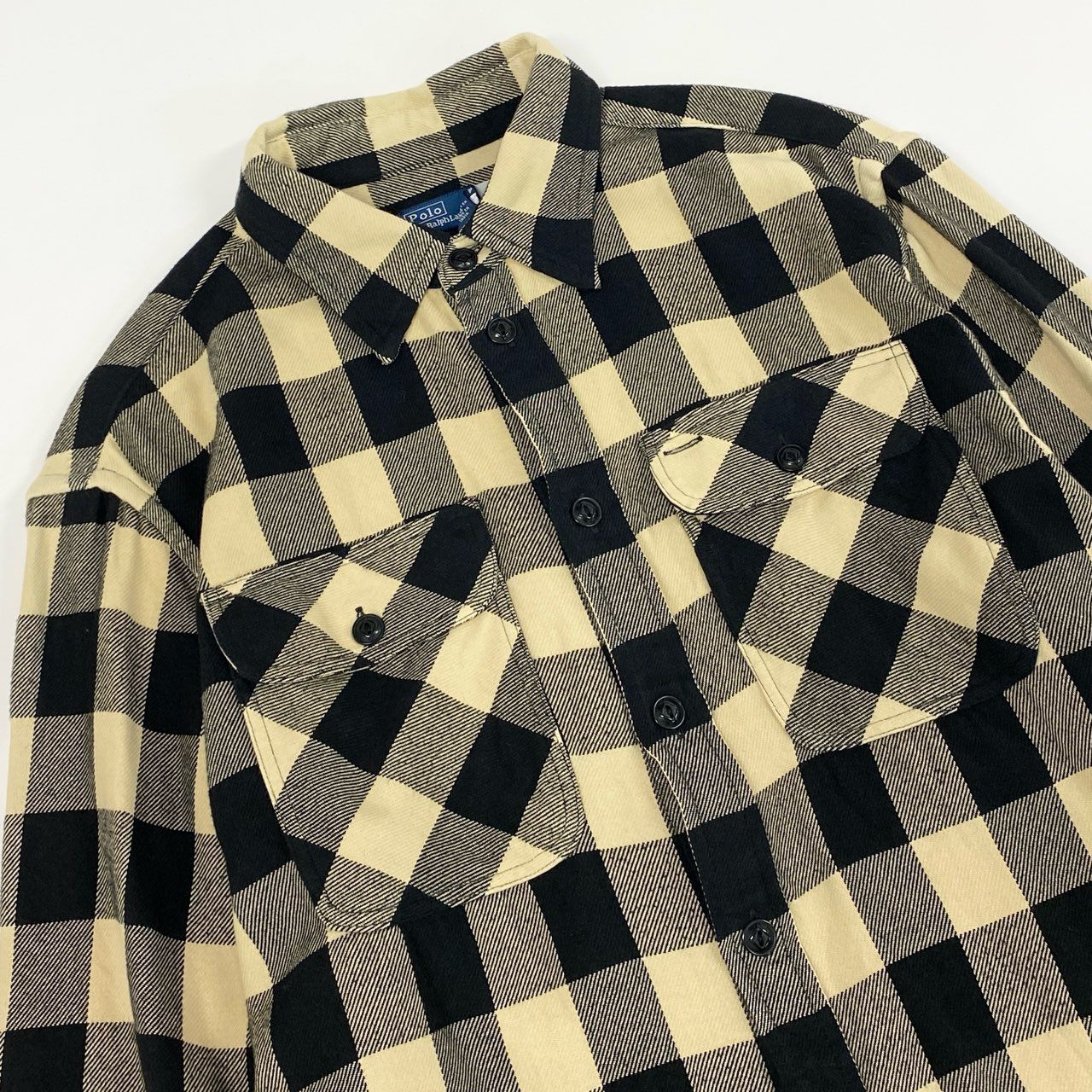 13f7 POLO RALPH LAUREN ポロラルフローレン フラップポケット コットンネルシャツ 長袖シャツ ブロックチェック オーバーサイズ Mサイズ 165 ベージュ ブラック コットン メンズ
