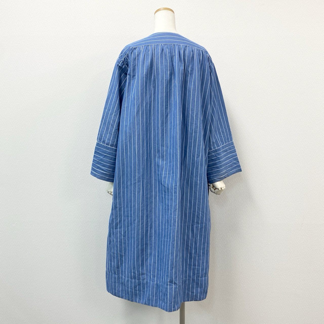 68g24 Scye サイ 完売品 COTTON LINEN DR 半袖ワンピース ロングワンピース ストライプ 1221-01050 サイズ36 ブルー ホワイト コットン リネン レディース 日本製_